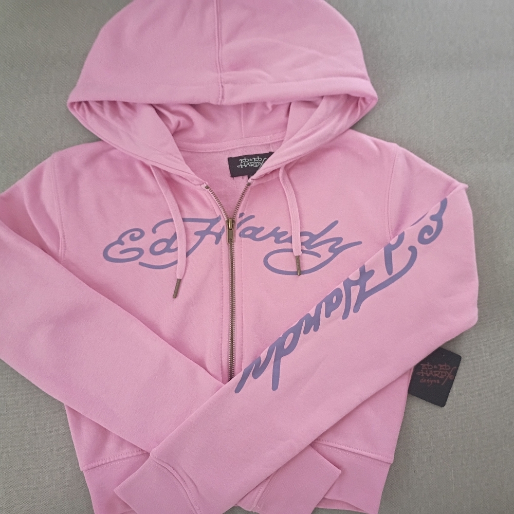 New Ed Hardy Light Pink Zip-Up Cropped Hoodie